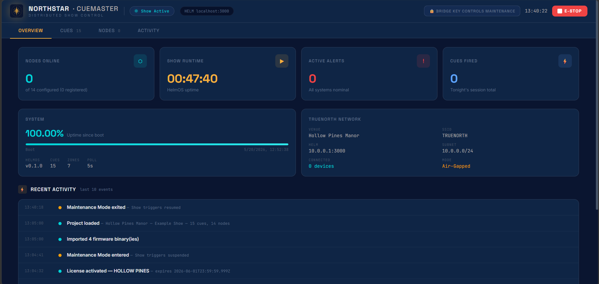 Cuemaster operator dashboard showing live show status, zones, and recent cues